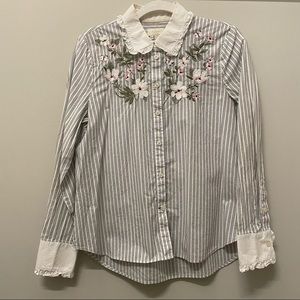 Kate Spade Embroidered Stripe Ruffle Top | M